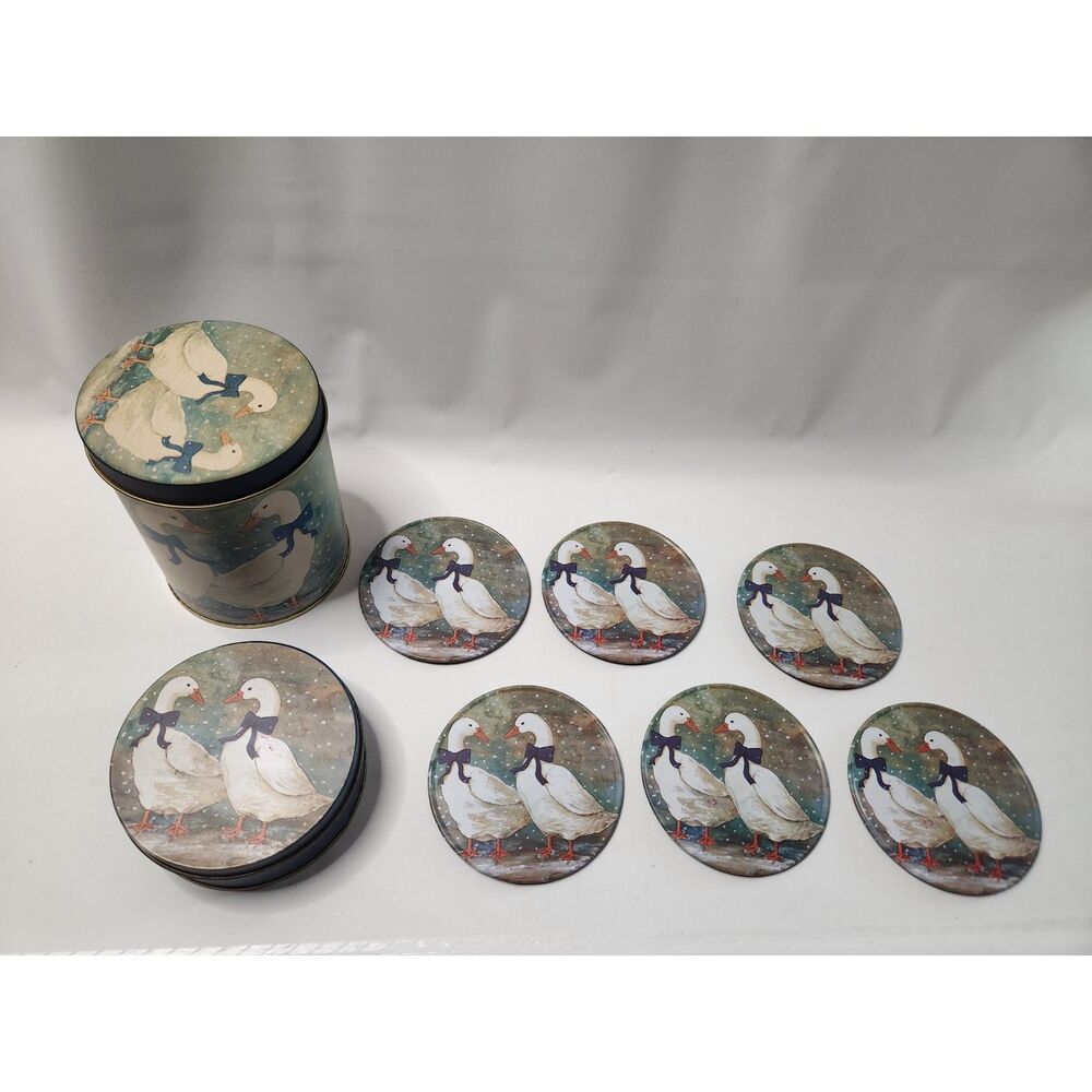 Winter Snow Geese Coaster Set + Tins Blue Bows Holiday Decor